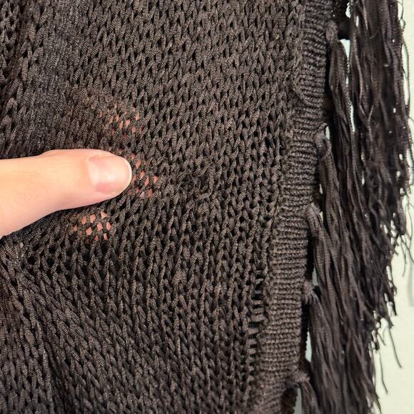 Bebe Poncho Cardigan Women M Black Fringed Shawl Collar Open Knit Sweater Winter - Picture 5 of 9
